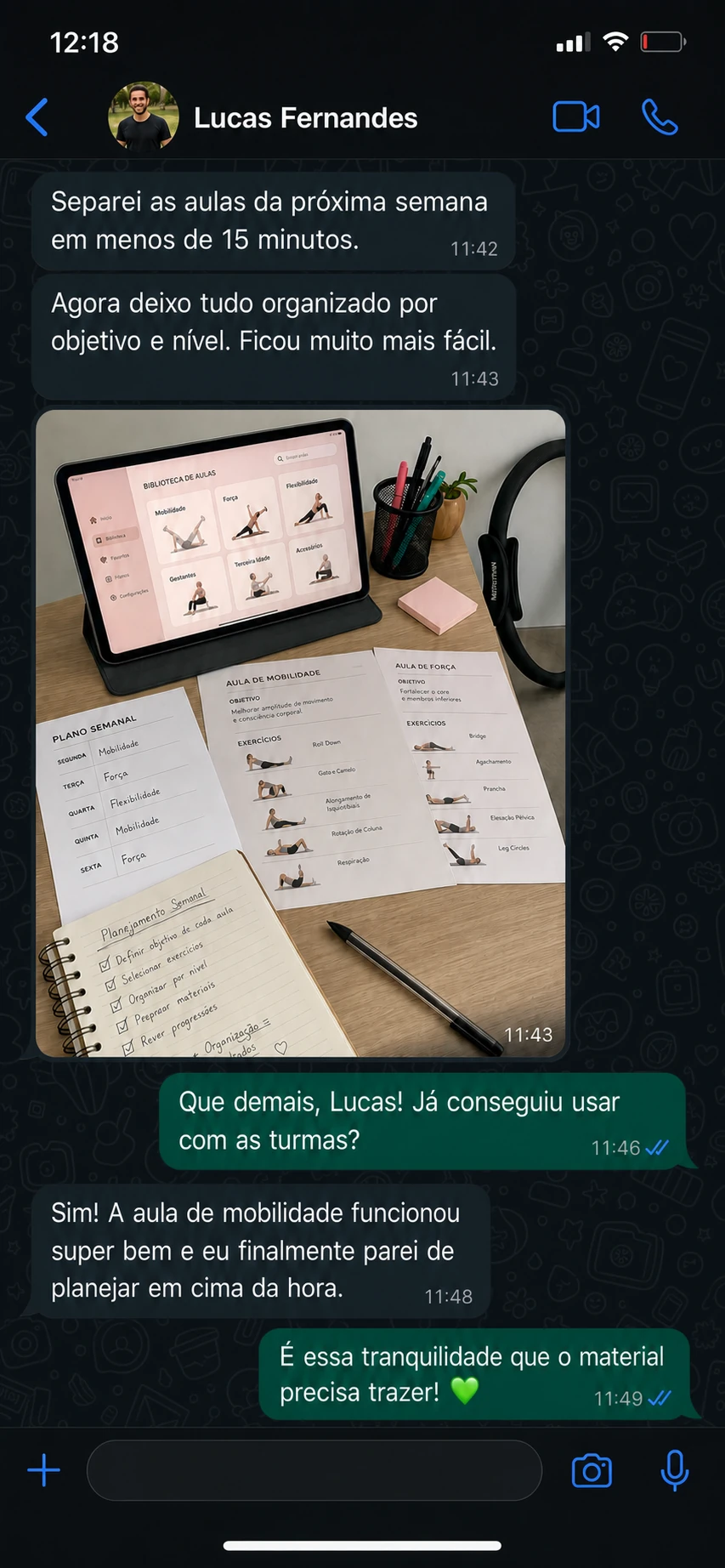 Conversa de WhatsApp de Lucas Fernandes mostrando o material de Pilates organizado