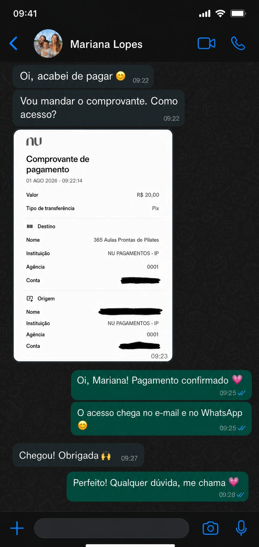 Conversa de WhatsApp de Mariana Lopes enviando um comprovante Pix e recebendo o acesso às aulas