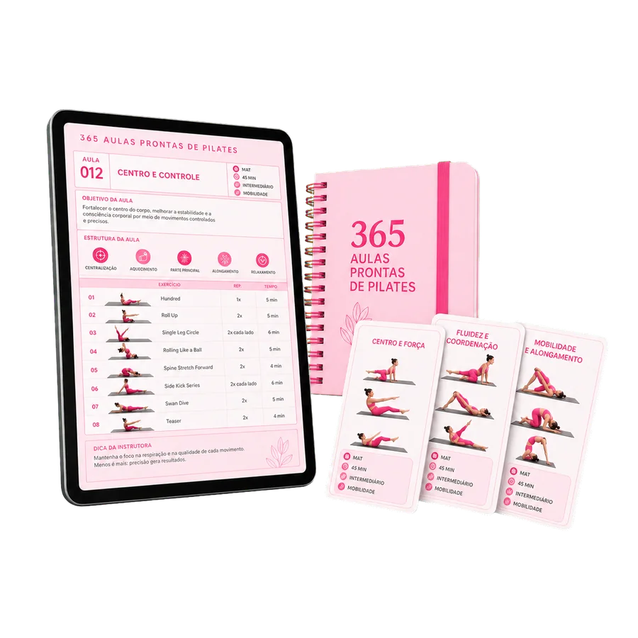 Tablet, caderno e fichas mostrando por dentro as 365 aulas prontas de Pilates